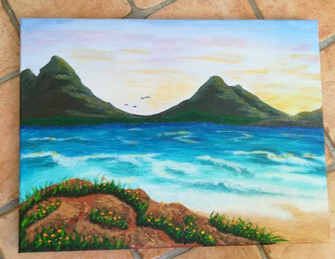 Acrylic painting. Ocean. Mountains. Tropical Mountain Painting, Mountains And Water Painting, Beach Mountain Painting, Acrylic Painting Ocean, Hawaii Mountains, Hawaii Painting, Ocean Drawing, Sea Drawing, Ocean Backgrounds