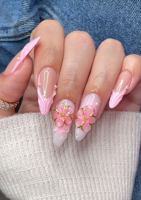 Pink and white 3d nail inspo for summer Nail Ideas 3d Art, Summer Nail 2024 Trends White, 3d Flower Pink Nails, 3d Nail Art Simple, Summer Nails Hibiscus Flower Pink, Nails With 3d Gel, 3d Nail Art Design, 3d Nail Designs Short Nails, Vacation Nail Inspo Simple