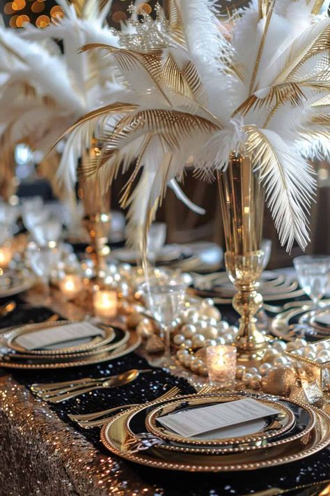 12 Timeless Black And White Table Settings For Weddings • Black Gold And White Backdrop Ideas, Table Settings Gold And White, Gatsby Table Centerpieces, Roaring 20s Table Setting, White And Gold Birthday Party Ideas, Black And Gold Table Setting Ideas, Great Gatsby Table Setting, Black And Gold Elegant Party Decorations, Gold Birthday Table Decorations