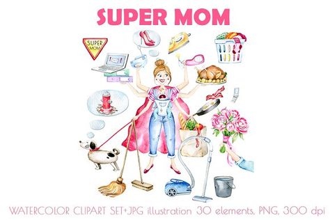 Super Mom Watercolor illustration by SimpleWishesArt on @creativemarket Super Mom Illustration, Mom Illustration, Illustration Funny, Funny Mom Gifts, Baby Unicorn, Mother Birthday Gifts, Craft Stickers, Watercolor Brushes, Mothers Day Presents