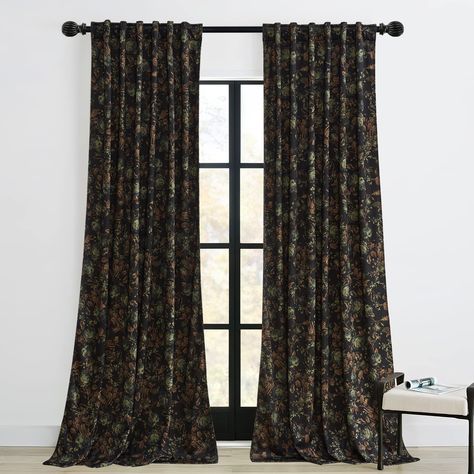 Dark Academia Curtains Living Room, Dark Academia Curtains, Black Floral Curtains, Black Velvet Curtains, Velvet Curtains Living Room, Patio Sliding Door, Pattern Drapes, Dark Drapes, Living Room Retro