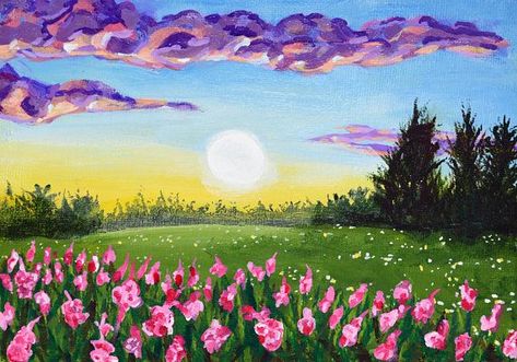 colorful landscape painting Landscape Drawing For Kids, Sunset Acrylic Painting, Sunset Acrylic, Spring Sunset, Sunset Painting Acrylic, Small Landscape, Easy Landscape Paintings, Painting Study, Small Painting