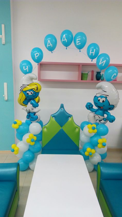 Smurf Themed Birthday Party, Smurf Birthday Party Decoration, Smurfs Party Decorations, Smurfs Birthday, Γενέθλια Mickey Mouse, Smurfs Party, Girl Baby Shower Decorations, Baby Shower Dresses, Number Balloons