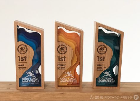 Gold Coast Marathon Custom Awards - Potato Press Wood Trophy, Park Signage, Wayfinding Signage Design, Acrylic Trophy, Plaque Design, Award Ideas, Custom Trophies, Trophy Design, Custom Awards