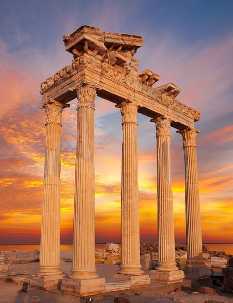 Temple of Apollo, Side. It is a Roman temple built around 150 A.D. #side #antiquecity #antalya #anatolia Apollo Mythology, Ancient Greece Aesthetic, Roman Temple, Temple Of Apollo, Greek Flag, Greek Temple, Ancient Greek Architecture, Roman Architecture, Greek Sculpture