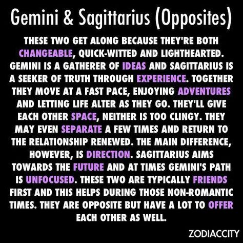 Similarities between Gemini and Sagittarius (opposite signs in astrology) Sagittarius Gemini Compatibility, Gemini Relationship, Sagittarius Compatibility, Gemini Compatibility, Horoscope Relationships, Gemini Horoscope, Zodiac Characteristics, Gemini Traits, Gemini And Sagittarius