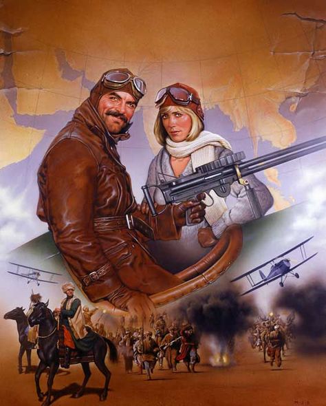 High Road to China | art by Jack Leynnwood | High Road to China is a 1983 adventure-romance film, set in the 1920s, starring Tom Selleck as Patrick O’Malley, a hard-drinking biplane pilot, hired by society heiress Eve "Evie" Tozer (Bess Armstrong) to find her missing father (Wilford Brimley) 1920s Adventurer, Bess Armstrong, Wilford Brimley, China Poster, Crimson Skies, Missing Father, Steampunk Illustration, Pulp Adventure, John Barry