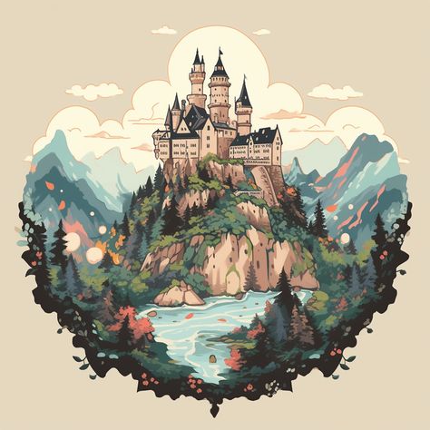 A character. Similarly shaped castles, such as Neuschwanstein Castle. A fairytale-style castle that stands on a cliff. A medieval village is built around the castle, and there is a huge lake next to the castle. The mountain range in the distance looks like the Alps Fortaleza, Castle Art Reference, Castle On A Hill Drawing, Hyrule Castle Art, Neuschwanstein Castle Drawing, Castle Reference Drawing, Fairytale Castle Illustration, Castle Illustration Fairytale, Fantasy Aesthetic Castle