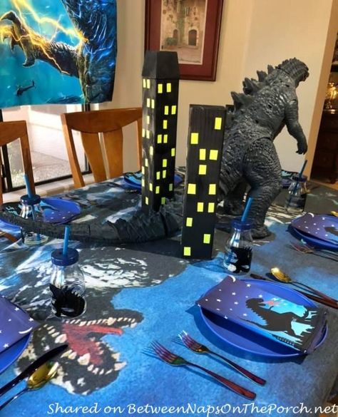 A Godzilla Themed Table Setting Godzilla Room Ideas, Godzilla Birthday Party Decorations, Godzilla Party Ideas, Godzilla Decorations, Godzilla Party, Godzilla Birthday Party, Godzilla Birthday, Godzilla Comics, Dinosaur Party Supplies