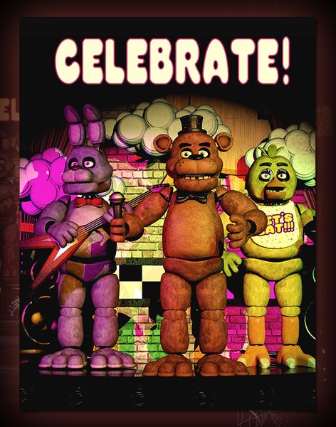 An image of the poster. It is just as it appears in the first game, with Freddy, Chica, and Bonnie on stage and the word "Celebrate" above them. James Dean Poster, Dancing Vintage, 7 Rules Of Life, 24x36 Poster, Showgirl Costume, International Games, Office Themes, Magnetic Frame, Swimsuit Edition