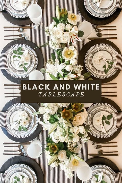 Parisian Table Setting, Table Setting Black And White, Black White Table Setting, Table Setting Black, Black And White Table Setting, White Dinner Table, Parisian Dinner Party, White Table Setting, White Tablescape