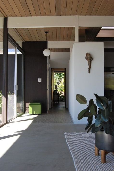 hallway flooring Entryway Tile, Timber Ceiling, Eichler Homes, Appartement Design, Concrete Floor, Exposed Beams, Polished Concrete, Wood Ceilings, Boho Home