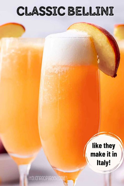 This peach bellini cocktail is the perfect combination of fruity, bubbly, low-alcohol cocktail perfect for the crowd. It's one of Italian favorite low-alcohol cocktails you can sip all summer long! Authentic, easy peach bellini made with only 2 ingredients. A MUST-TRY!rn Bellini Recipe Easy, Italian Cocktail Recipes, Bellini Cocktail Recipes, Peach Bellini Recipe, Peach Bellini Cocktail, Frozen Drinks Alcohol, Limoncello Cocktails, Bellini Cocktail, Fruity Alcohol Drinks