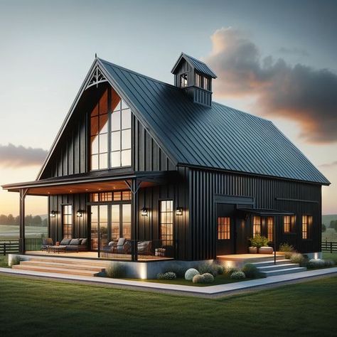 Simple Black Barndominium, Inside Small Barndominium, Metal Building Cabin, Reclaimed Wood Exterior Siding, Black Barns Exterior, Barndominium Black Exterior, Moody Barndominium, Dark Barndominium Exterior, Black Pole Barn House