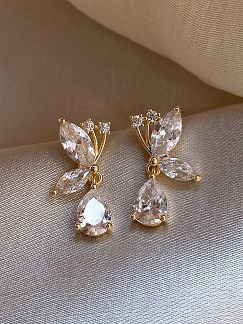 2pcs Rhinestone Decor Drop Earrings Diamond Earrings For Women, Gold Earrings Models, Pretty Jewelry Necklaces, Diamond Pendants Designs, Minimalist Earrings Gold, Gold Bride Jewelry, Butterfly Earrings Stud, Stil Elegant, Diamond Jewelry Designs