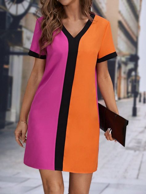 Multicolor Casual Collar Short Sleeve Woven Fabric Colorblock Tunic Embellished Slight Stretch  Women Clothing Colour Blocking Outfit, Color Block Dress Pattern, Color Blocking Dress, Colour Blocking Fashion, Colour Block Dress, Chic Dress Classy, V Neck Tunic, Color Blocking Outfits, Ankara Gown Styles