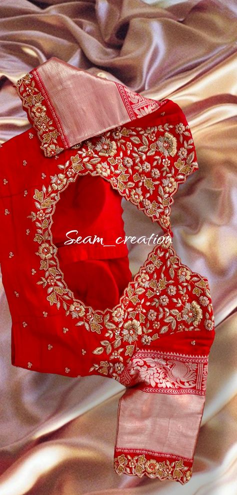 Maroon Magam Blouse, Maggam Work Latest Blouse Designs, Maggam Work Blouse Designs Latest For Pattu Sarees Half Hands, Bridal Latest Blouse Designs, Red Blouse With Golden Saree, Butta Pusala Maggam Work, Red Blouse With Golden Work, Blouse Work For Pattu Sarees, Onion Colour Blouse Design