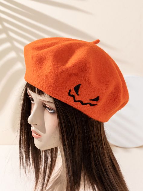 Orange Casual Collar  Fabric  Beret Embellished   Women Accessories Painter Hat, Zucca Halloween, Hat Beret, Wool Hat Knit, Spring Wear, Ghost Faces, Vintage Inspired Outfits, Beret Hat, Knit Cap