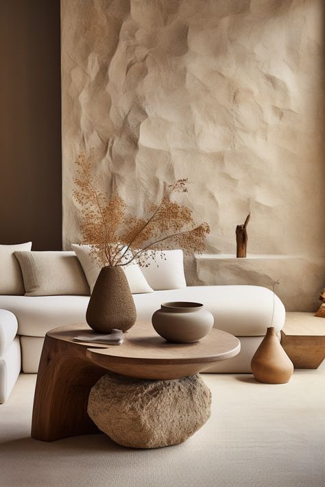 Infuse your space with #Japandi-inspired serenity using a stone-inspired side table, earthy tones, and emotive lighting. A captivating blend of southern countryside charm and boho chic style awaits. #JapandiDesign #BohoChicLiving #SculptedSerenity #HomeDecor #InteriorInspo #TranquilSpaces #EarthTonesDecor Texture In Interior Design Spaces, Wabi Sabi Coastal, Desert Inspired Interior Design, Stone Inspired Interior, Stone Table Living Room, Boho Modern Minimalist, Smooth Texture Interior Design, Wabi Sabi Table Decor, Tulum Wall Decor
