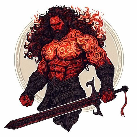 Male Barbarian Fantasy Art, Fire Anime Characters, Barbarian Male Character Art, Fire Barbarian, Dnd Fire Genasi Male, Barbarian Character Art, Fire Genasi Barbarian, Fire Genasi Female Dnd, Fire Druid