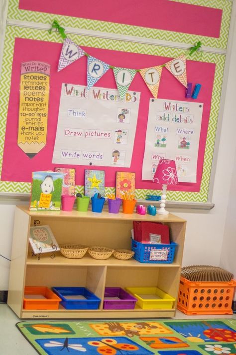 FREE Banner letters- Mrs. Ricca's Kindergarten: Classroom Organization! {FREEBIES} Pretty Classroom, Kindergarten Library, Kissing Hand, Chevron Borders, Classroom Pictures, Writing Centers, Writing Station, Writers Workshop, Classroom Layout