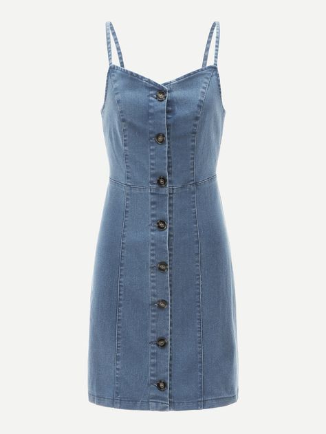 Single Breasted Spaghetti Strap Denim Dress | SHEIN Dresses Size 8, Beautiful Womens, Womens Denim Dress, Denim Dresses, Womens Denim, Denim Outfit, 50's Dress, Dress Sleeveless, Mode Outfits