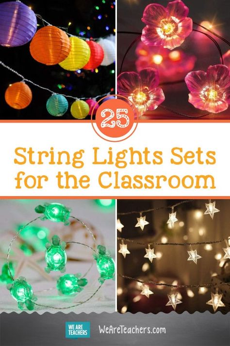 The Best Classroom String Lights Sets You Can Buy on Amazon Led Lights Around Bulletin Board, Using Lights In Classroom, Fun Classroom Lighting, Classroom Lights Ceilings, Classroom Ceiling Lights, Classroom Alternative Lighting, Lights In Classroom Ideas, Classroom Hanging Lights, Fairy Lights Classroom Decor