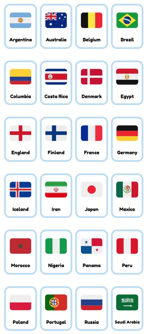 Printable World Cup 2018 country flag flashcards for ESL / English teaching. Free and printable! Montessori, Different Countries Flags, World Flags With Names Printable, Flag Printables Free, Flags Of The World Printable Free, Country Flags Of The World Printable, All Countries Flag With Name, French Flashcards Printable Free, Flags Of The World Printable