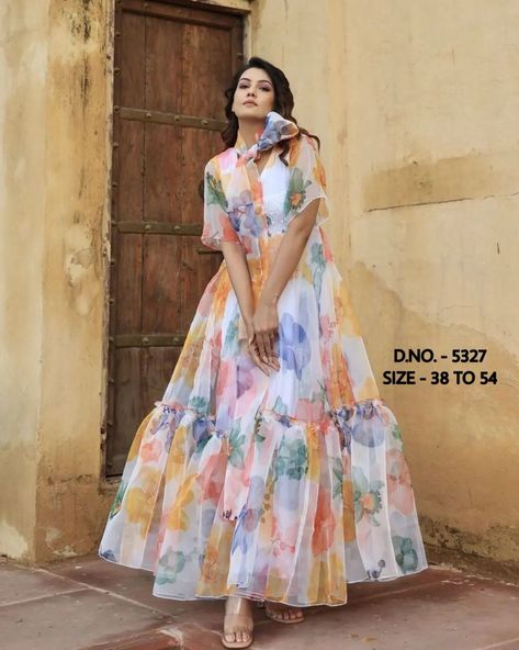 ₹1199 👗 *Beautiful Heavy Organza Digital Multicolour Floral Printed Fabric Long Kurti ( Length - 54”) With Full Inner Lining In Front & Back (top to bottom) + Elastic Wrinkle Work On chest + Half Sleeves, Frill Design Work + same Printed Organza Fabric Half Width Stall (Dupatta)* 👗 ⭐ *D.NO. ... Kurti Organza, Printed Shirt Outfit, Floral Organza Dress, Holiday Party Outfit Work, Organza Kurti, Christmas Outfit Casual, Printed Anarkali, Gown Suit, Printed Gowns