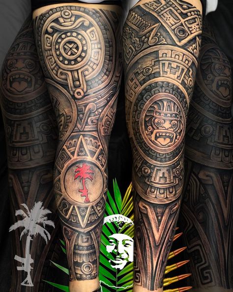 Aztec Tattoo Designs Sleeve, Aztec Leg Sleeve Tattoo, Aztec Leg Sleeve, Mexican Tattoo Ideas For Men Sleeve, Aztec Tribe Tattoo, Aztec Leg Tattoo, Aztec Sleeve Tattoos, Matador Tattoo, Aztec Art Tattoo