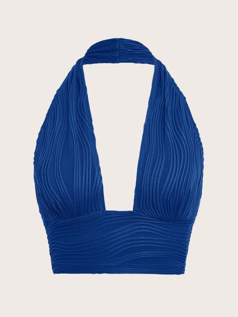 Royal Blue Sexy Collar  Knitted Fabric Plain Halter Embellished Slight Stretch Summer Women Tops, Blouses & Tee Cute Blue Tops, Royal Blue Clothes, Tops Azul, Crop Top Halter, Crop Halter Top, Top Azul, Black Romper Shorts, Blue Halter Top, Royal Blue Top