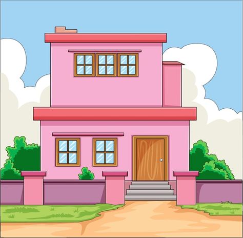 Animated House Drawing, Pink House Drawing, Cartoon House Animation, House With Trees Around It, House Drawing With Color, House Cute Drawing, House Drawing Sketches Simple, House Cartoon Illustrations, Cartoon House Drawing