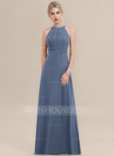 [£ 89.00] A-Line Scoop Neck Floor-Length Chiffon Bridesmaid Dress With Ruffle (007126519)