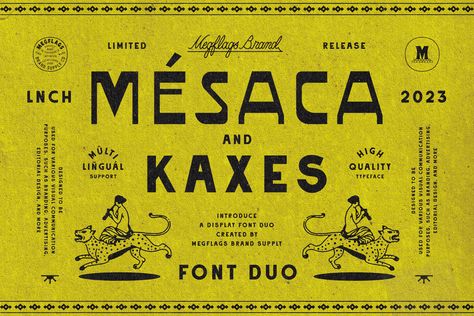 View License Details Introducing Mesaca and Kaxes by Megflags Brand Supply Co., a font duo inspired by vintage western Mexico signage and storefronts. This dynamic duo combines classic typography with a rustic edge to create a truly unique design aesthetic. Together, Mesaca and Kaxes create a perfect balance of strength and playfulness, making them ideal for branding, packaging, signage, and more. Use them together or separately to add a touch of vintage western Mexico flair to your projects. Mexican Graphic Design, Classic Typography, Western Font, Mexico Design, Font Duo, Vintage Packaging, Western Design, A Font, Restaurant Branding