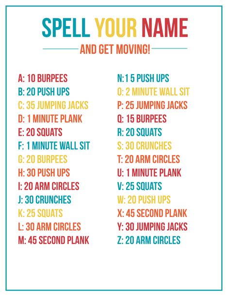 Busy moms need quick workouts that get the heart pumping. Your Name Workout is just that! Simply do the workouts associated with the letters of your name.  via @momontheside Your Name Workout, Name Workout, Spell Your Name Workout, Beginner Workouts, Quick Workouts, Spell Your Name, Heart Pumping, Summer Body Workouts, Workouts For Teens