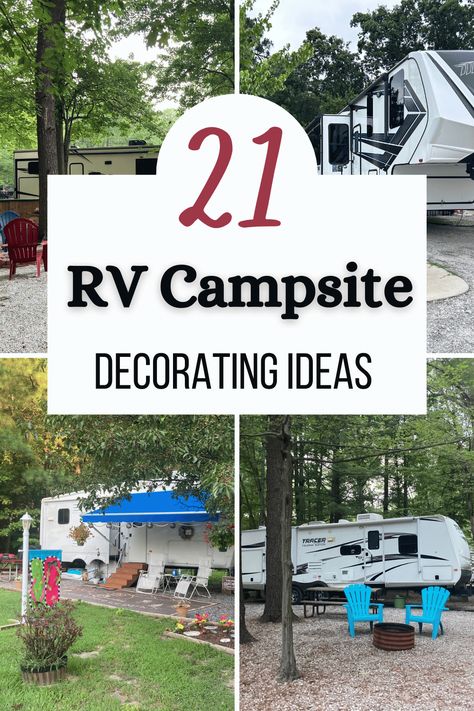 Looking for RV campsite decorating ideas?  Look no further!  RV camping is synonymous with outdoor living, so hanging out in cozy camping chairs around the campfire is the best place to be at the campground.  However, it can be difficult to find cute RV patio decorating ideas and accessories that are practical for camping and travel.  Read now for 21 RV campsite decorating ideas that will make your RV patio the talk of the campground (in a good way). Rv Living Patio Ideas, Camping Garden Ideas, Camping Yard Ideas, Campsite Deck Ideas, Camping Trailer Outdoor Setup, Outdoor Camper Setup Ideas, Outside Camper Decor, Camper Fire Pit Ideas, Full Time Rv Outdoor Space