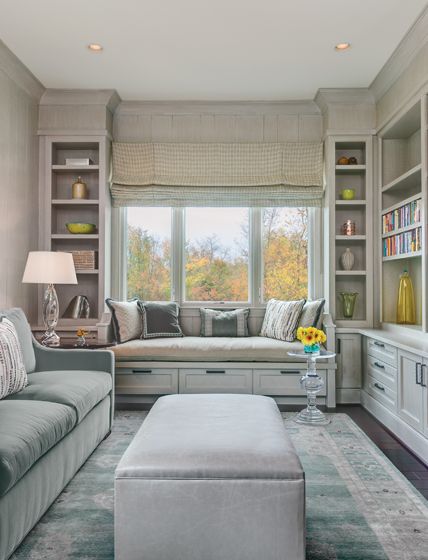 The #library / #guest #room boasts a soothing celadon palette and #custom #windowseat. Designed by Susan Gulick Interiors. #interior #design #fine #furniture Window Seat Design, تصميم للمنزل العصري, التصميم الخارجي للمنزل, Home Library Design, Landscape Designer, Future Home, Great Falls, Shangri La, Design Magazine