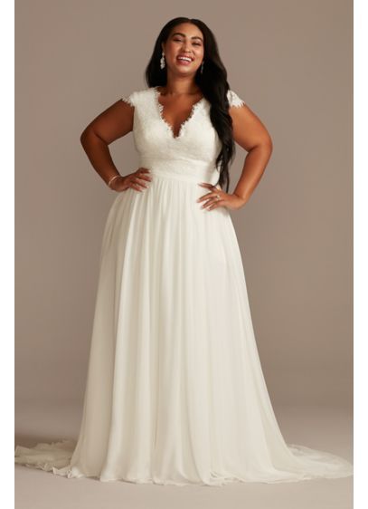 Lace Illusion Back Chiffon Tall Plus Wedding Dress 4XL9WG4011DB V Neck Wedding Dress, Wedding Dresses Under 500, Plus Wedding Dresses, Wedding Dress Style, Plus Size Wedding Dress, Davids Bridal Wedding Dresses, Vestidos Plus Size, Chiffon Wedding Dress, Affordable Wedding Dresses