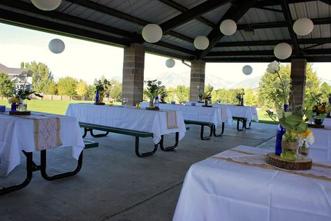 How To Decorate A Picnic Shelter For Wedding, Wedding In A Park Pavillion, Party In The Park Decorations, Wedding Picnic Table Decor Simple, Decorate Park Pavilion, Outdoor Pavillion Decorating Ideas Party, Bridal Shower At Park, Rustic Wedding Picnic Table Decor, Park Gazebo Decorations Birthday