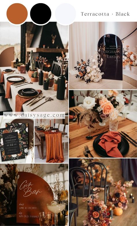 Terracotta and Black Wedding Color Theme 2025 Fall Wedding Colors, Black Sage And Burnt Orange Wedding, Terracotta Wedding Ideas, Black And Rust Wedding Decor, Fall Wedding Rustic Colors, Cooper Wedding Theme, Western Fall Wedding Colors, Harvest Wedding Ideas, Terracota Wedding Color Scheme