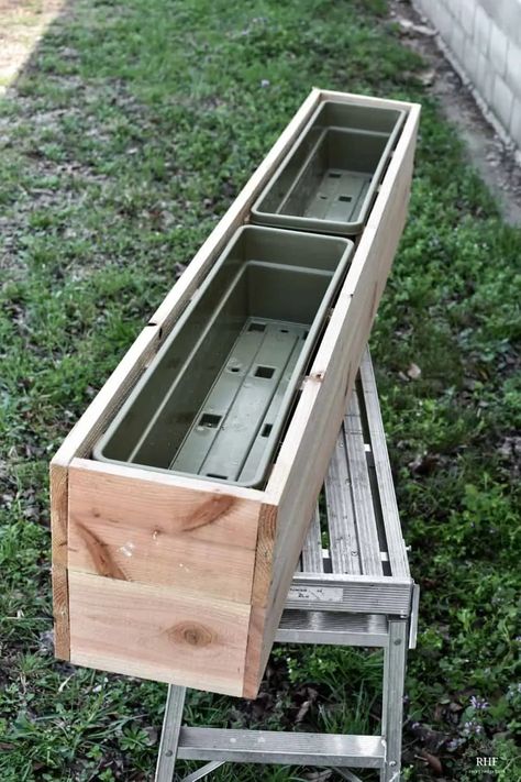 DIY Simple Window Box Planter Wood Box Over Curtain Rod, Things Made From Pallets, Fake Plant Window Boxes, Diy Outdoor Planters Boxes, Succulent Window Box Ideas, Window Boxes On Brick House, Patio Flower Boxes, Planter Boxes Ideas, Diy Window Boxes