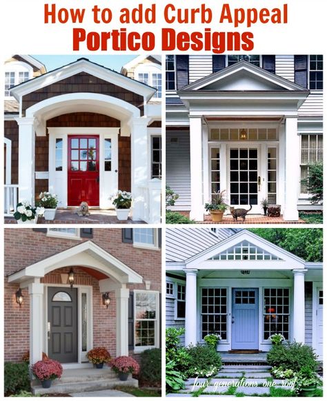 Which one should we choose? How to add curb appeal with a portico. A family of four generations living under one roof expands their home and adds a new portico to the front of their home to create architectural interest and character. Must see existing home with tiny portico - yikes! Curb Appeal Porch, Portico Design, Front Porch Addition, Add Curb Appeal, Architecture Renovation, Porch Addition, Building A Porch, Front Porch Design, Roof Structure