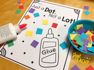 How To Use Glue Preschool, Too Much Glue Craft, Prek Dot Activities, Glue Skills Preschool, Preschool Gluing Activities, Independent Preschool Crafts, Back To School Small Group Preschool, Table Work For Preschoolers, Kindergarten Glue Practice