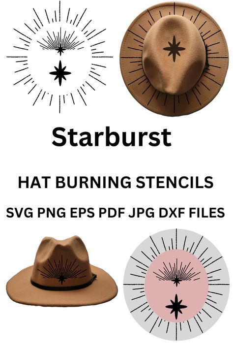 This is a digital design for cutting a stencil for burning felt hats. This design is a starburst around the brim of the hat, the top of the crown, and the front of the crown. Hat Burning, Stencil Svg, Stencil Design, Brim Hats, Unique Hats, Hat Design, Hat Ideas, Felt Hat, Stencil Designs