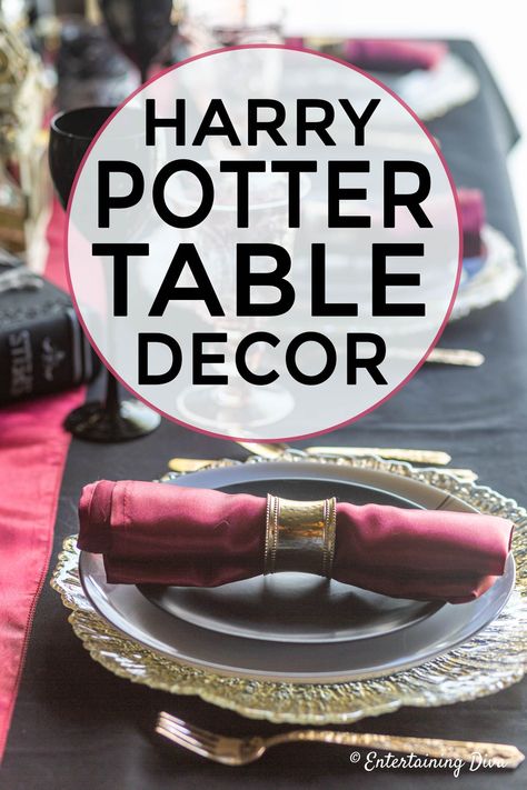 These Harry Potter table decor ideas are awesome! Find Harry Potter table settings for Gryffindor, Slytherin, Hufflepuff and Ravenclaw houses and turn your party into the Hogwarts Great Hall. #entertainingdiva #harrypottertable  #harrypotterparty #tablesettings #tablescape #harrypotterparty Amigurumi Patterns, Harry Potter Table Decor, Hufflepuff And Ravenclaw, Black Lace Candles, Harry Potter House Colors, Harry Potter Dinner, Harry Potter Table, Lace Candle Holders, Harry Potter Houses Crests