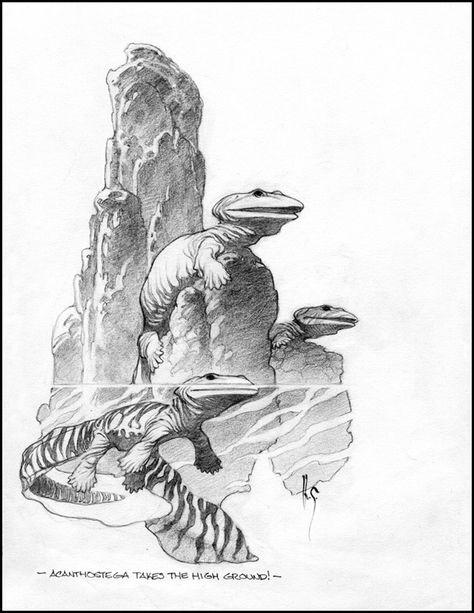 Mark SCHULTZ,  Acanthostega Takes the High Ground!  Comic Art Frank Frazetta, Boris Vallejo, Science Fiction Art, Bruce Timm, Mark Schultz, Prehistoric Animals Dinosaurs, Michael Turner, Scifi Fantasy Art, Paleo Art