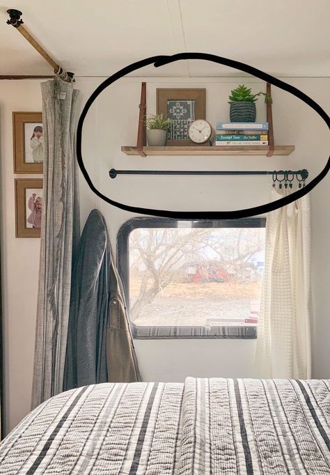 Camper Dresser Ideas, Camper Shelves Shelf Ideas, Camper Coat Rack, Camper Decorating Ideas Farmhouse, Rv Curtain Ideas, Full Time Camper Living Hacks, Rangement Caravaning, Caravan Renovation Diy, Rv Curtains