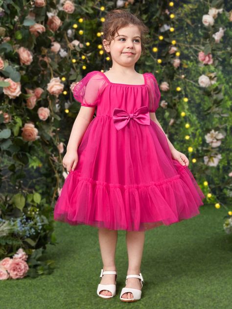 Hot Pink Cute Collar Short Sleeve Woven Fabric Plain Smock Embellished Non-Stretch  Young Girls Clothing Short Frocks For Kids, ကလေးဂါဝန် ဒီဇိုင်း Cute, Pink Dress For Kids, Pink Kids Dress, Kids Pink Dress, Traditional Baby Dresses, Pink Dresses For Kids, Baby Cotton Dress, Frock Designs For Girl