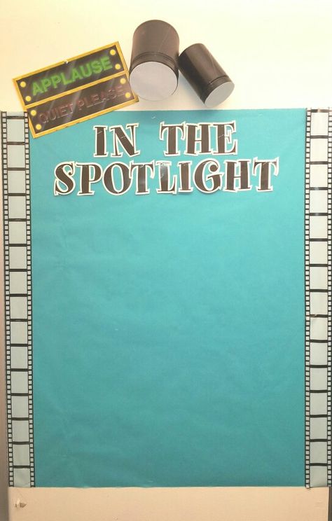 This is my bulletin board to feature the star of the week. Students will create their own brag board to hang in the spotlight. I used old protein canisters to create the spotlights. Organisation, Spotlight Bulletin Board, Employee Appreciation Board, Hollywood Classroom, Hollywood Theme Classroom, Ingles Kids, Work Bulletin Boards, Brag Board, Student Of The Week