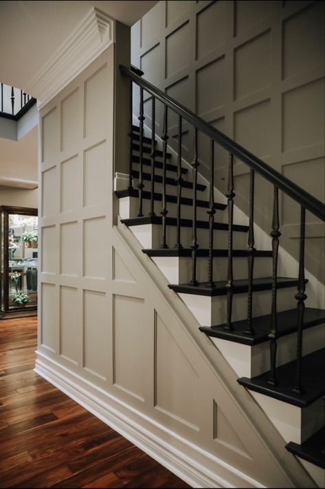 Custom paneling with refinished treads Closed Staircase, Staircase Paneling, Baddie Bedroom, Stair Paneling, Panels Design, Staircase Wall Decor, Edgy Elegance, Stair Wall, Staircase Wall